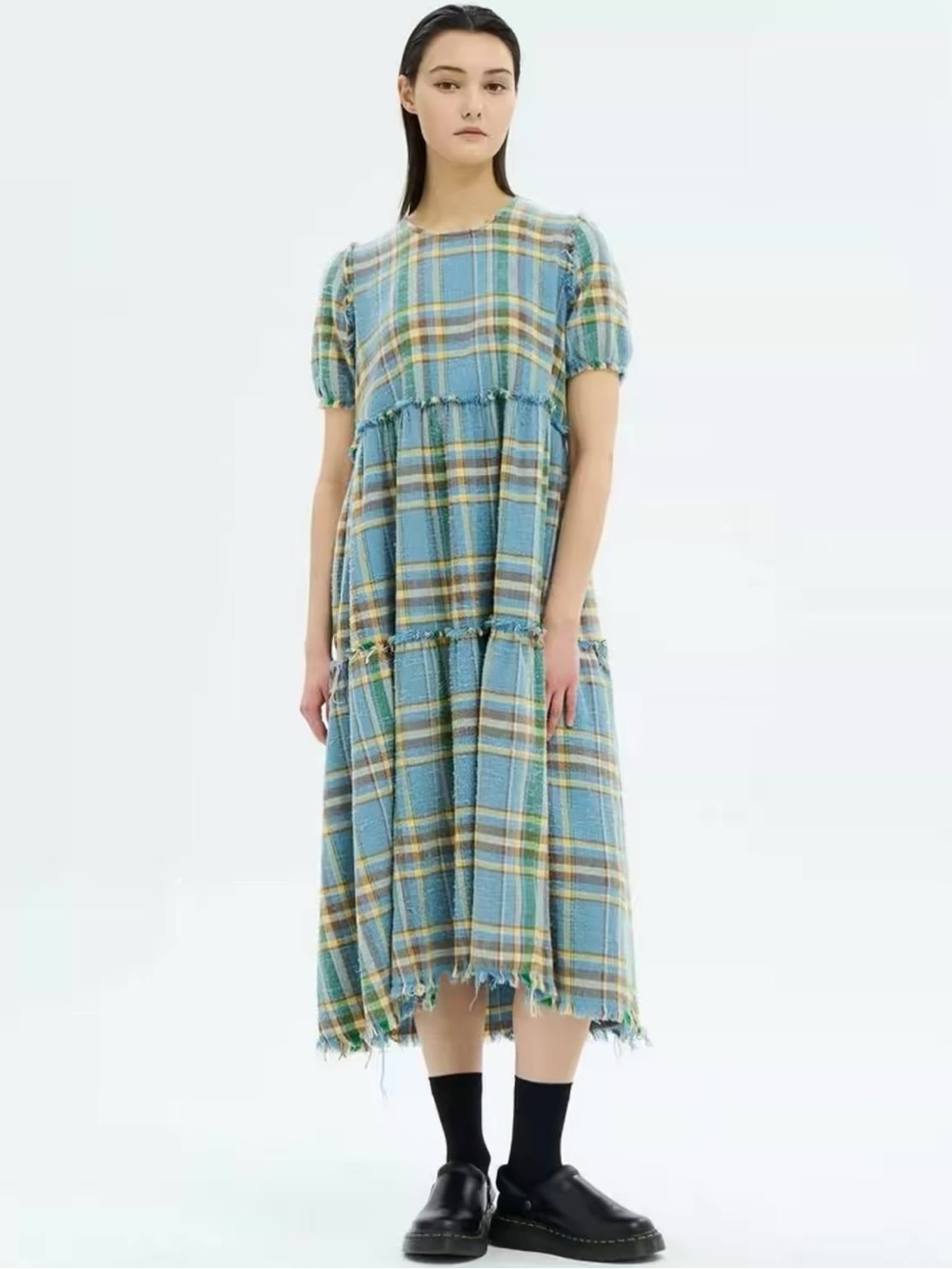 R13 Shredded Relaxed Midi Dress - Sky Light Blue Plaid Korean Exclusive, XS S M